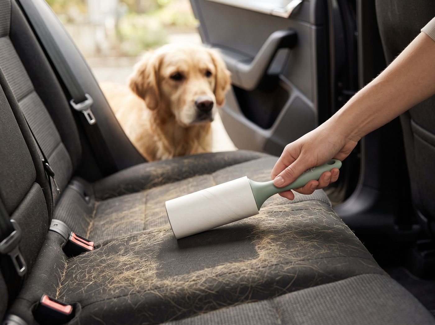 Fusselroller auf Autorücksitz mit Hundehaaren, Golden Retriever schaut zu