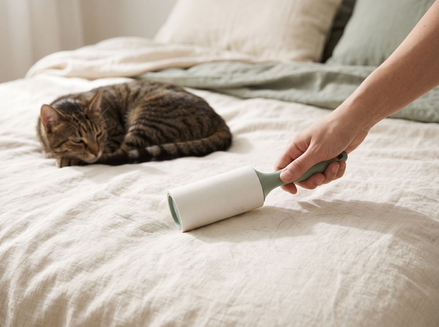 Fusselroller auf Bettdecke, getigerte Katze schläft daneben