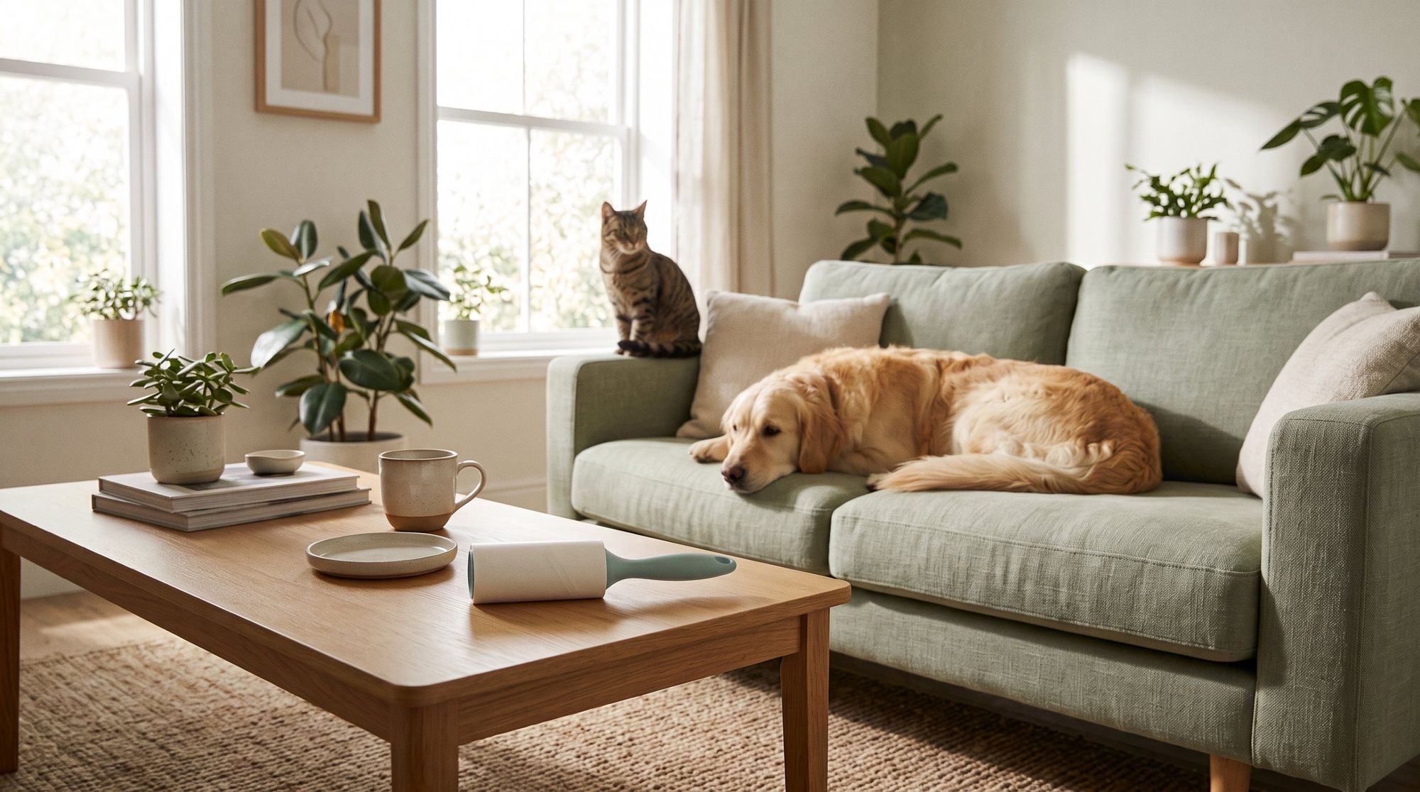 Wohnzimmer mit Golden Retriever auf dem Sofa, getigerter Katze und skrup Fusselroller auf dem Couchtisch
