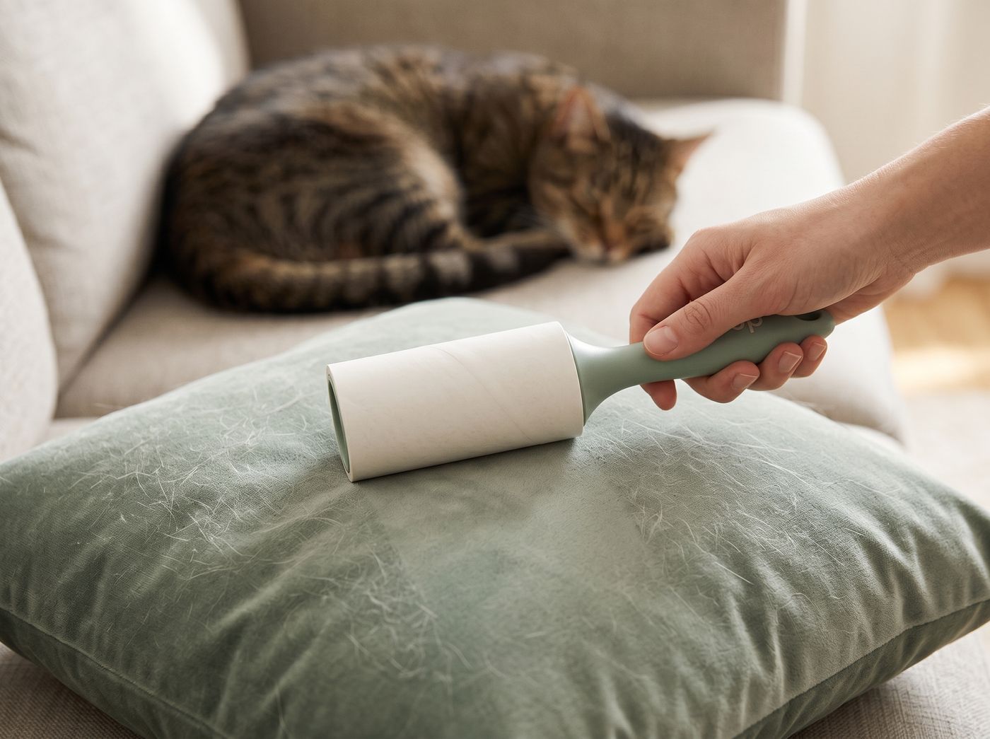 Fusselroller auf Samtkissen, Katze im Hintergrund